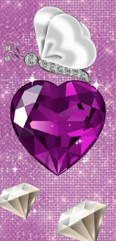 Purple heart gem with butterfly on lilac background and diamond accents.