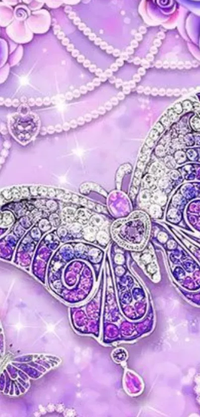 Purple butterfly with jewel accents on floral background wallpaper.