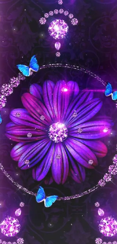 Purple flower with gems and butterflies wallpaper.