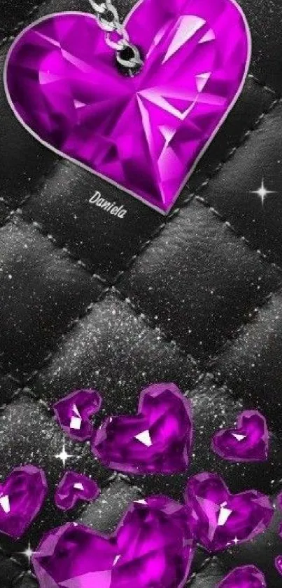 Purple gem heart on black leather background for mobile wallpaper.