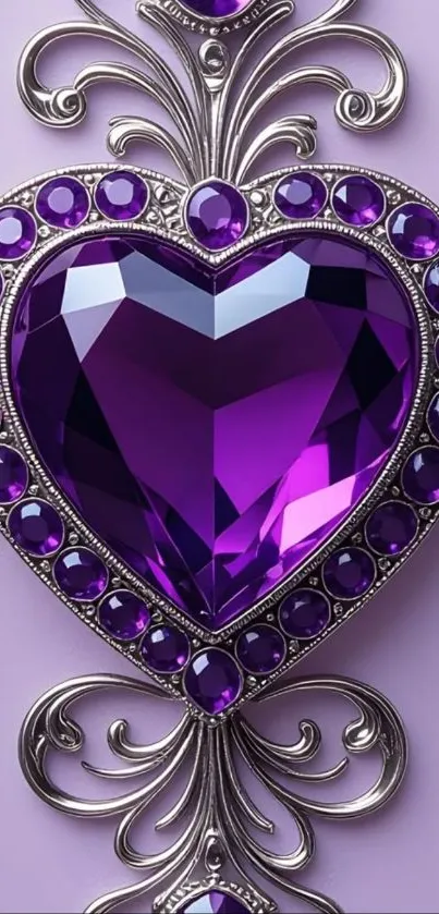 Purple gemstone heart with decorative ornate design.