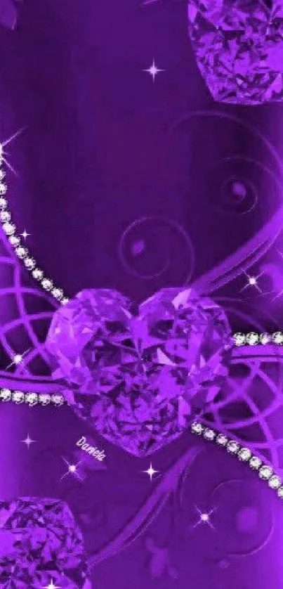 Purple wallpaper with gem hearts and sparkling effects.