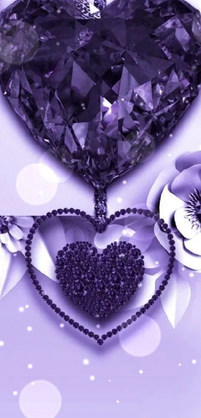 Purple heart-shaped gem with flowers background wallpaper.