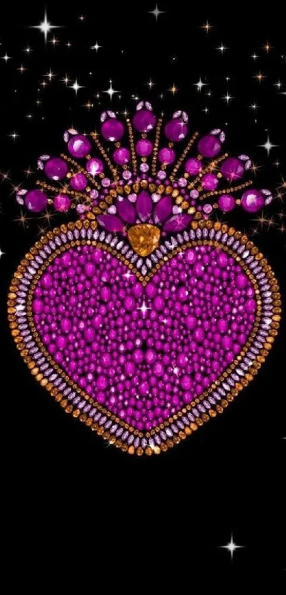 Mobile wallpaper with a purple gem heart and sparkling details.