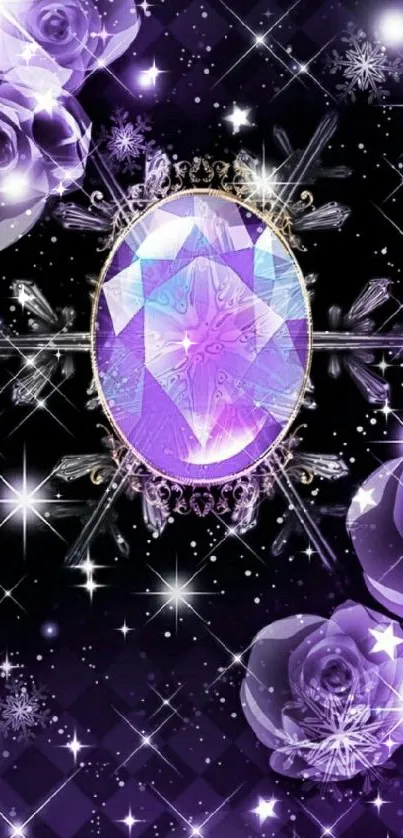 Purple fantasy wallpaper with gemstone and roses.