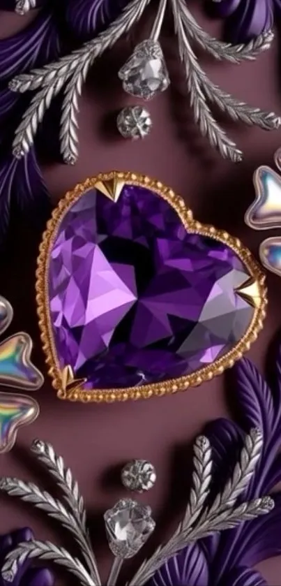 Purple gemstone heart with ornate floral design wallpaper.