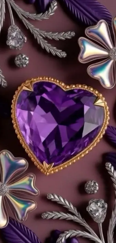 Purple gemstone heart with metallic flowers and silver foliage.