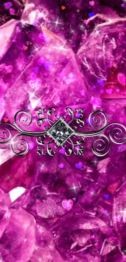 Purple gemstones and hearts mobile wallpaper, elegant and luxurious design.