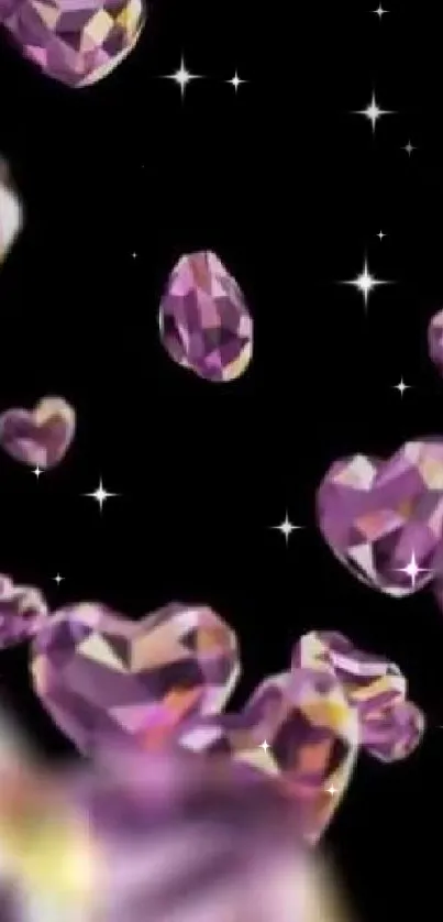 Purple gemstone hearts floating on black background.