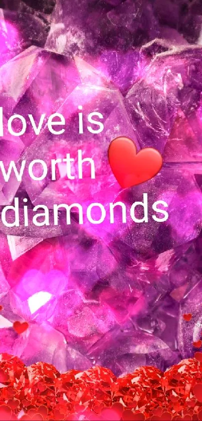 Purple gemstone mobile wallpaper with love message and heart.