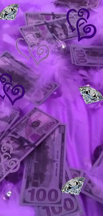 Purple wallpaper with dollar bills and diamonds for a glamorous look.