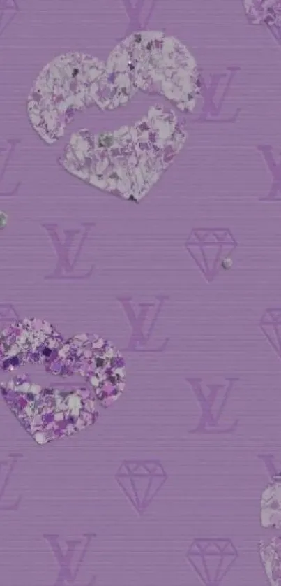 Purple wallpaper with glittering hearts and diamonds.