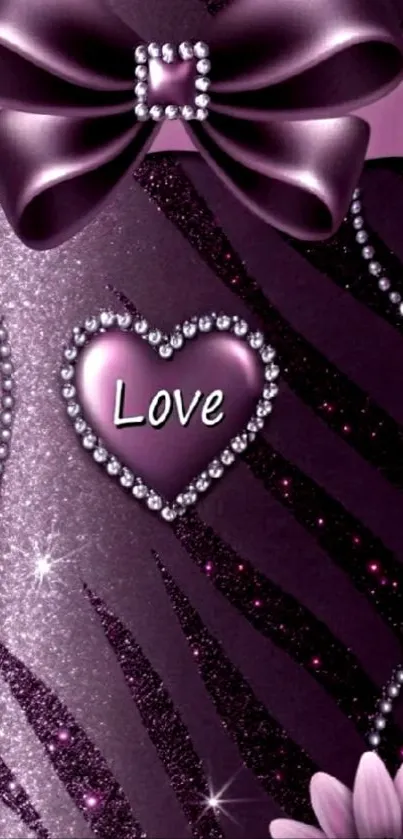 Purple wallpaper with sparkling heart and bow design.