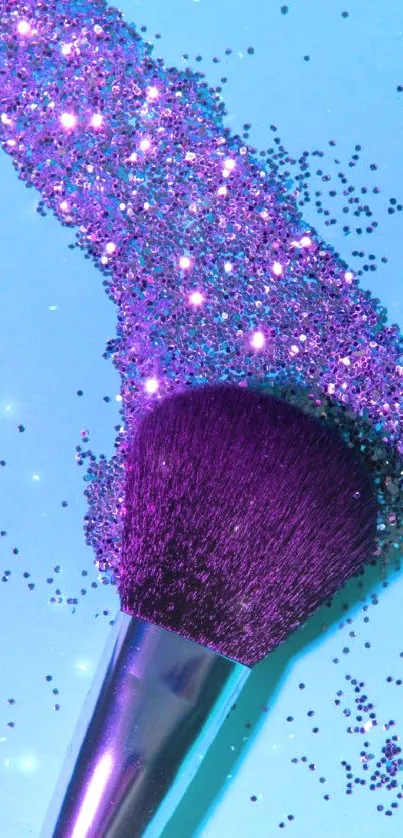 Purple glitter makeup brush on blue background.