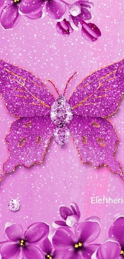 Purple glitter butterfly with lilac flowers wallpaper.