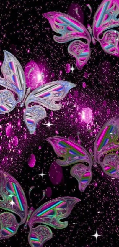 Holographic butterflies on glittery purple background.