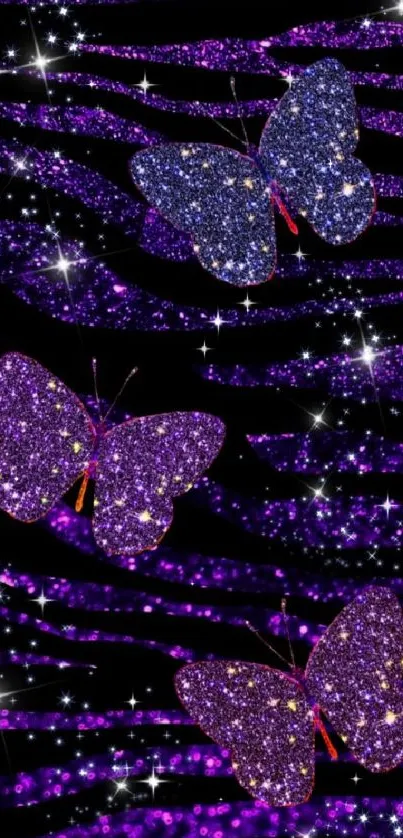 Purple glitter butterfly wallpaper with sparkling stars.