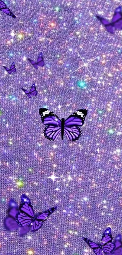 Purple glitter wallpaper with butterflies and sparkles.