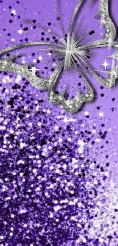 Silver butterfly on a purple glitter background wallpaper.