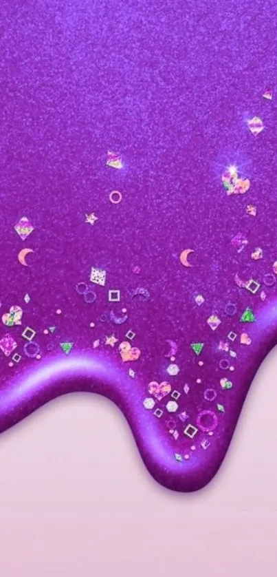 Vibrant purple glitter drip wallpaper with cosmic accents.