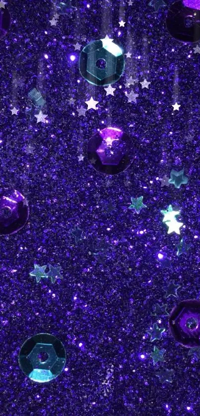 Purple glitter wallpaper with stars and sequins creating a galaxy effect.