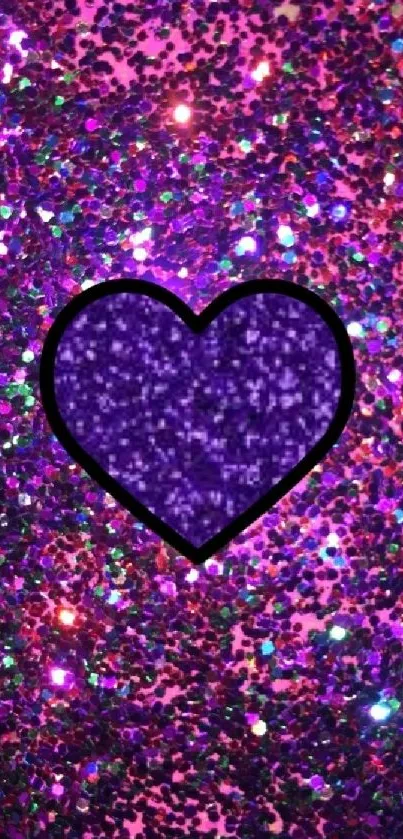 Purple glitter heart wallpaper with vibrant sparkles.