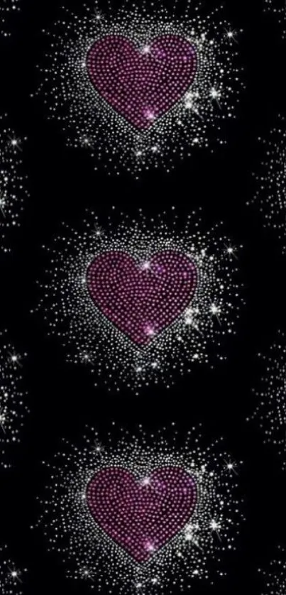 Purple glitter heart pattern on black background.