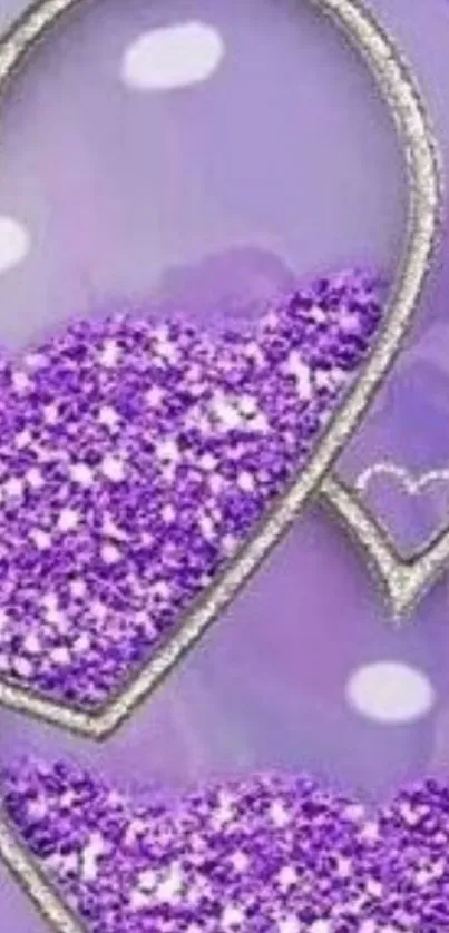 Purple glitter heart wallpaper with shimmering edges.