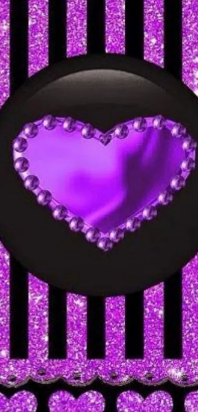 Purple glitter heart with black stripes background.