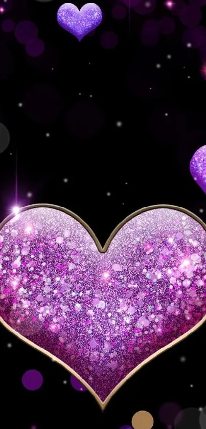 Purple heart glitter wallpaper with gold and sparkle accents.