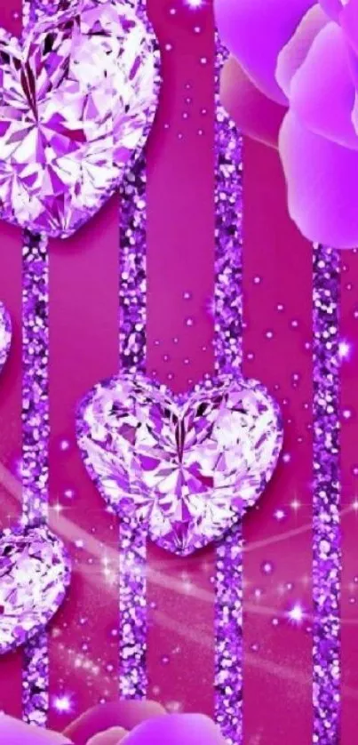 Purple glitter hearts and roses wallpaper.