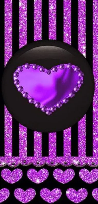 Purple glitter heart wallpaper with stripes.