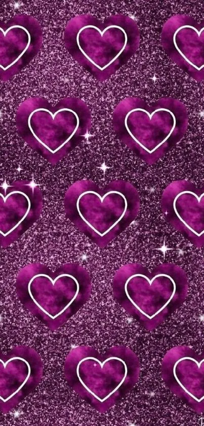 Purple glitter hearts wallpaper for mobile with sparkling effect.