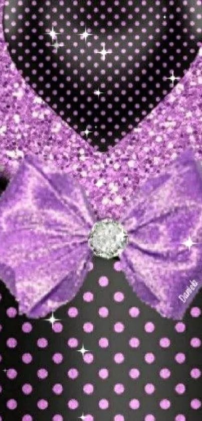 Purple glitter heart and bow wallpaper with polka dots.