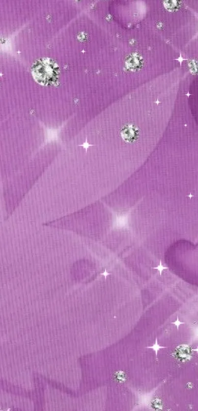 Purple glitter mobile wallpaper with diamonds and heart accents.