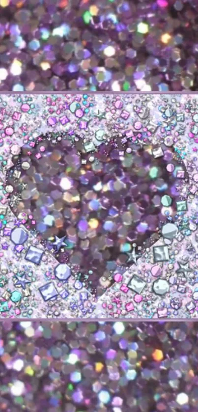 Purple glittery heart with gemstones on mobile wallpaper.