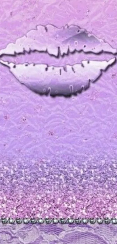 Purple wallpaper with lip, glitter, and lace design.