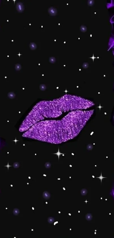 Purple glitter lips with cosmic black background wallpaper.