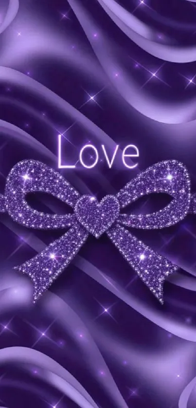 Purple glitter wallpaper with bow and heart design.