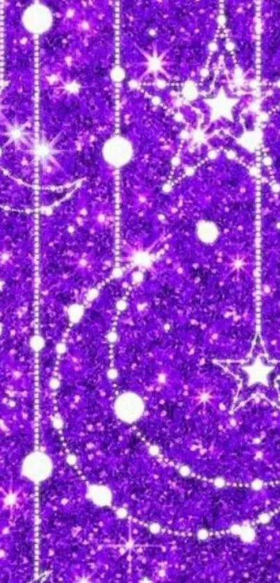 Purple glitter wallpaper with stars and moons, creating a celestial theme.