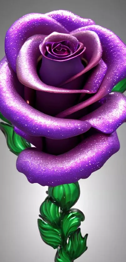 3D purple glitter rose with green leaves on gray background.