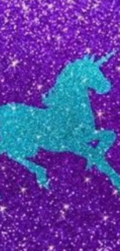 Purple glitter wallpaper with turquoise unicorn.