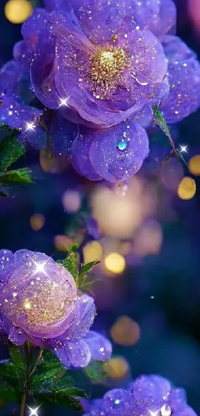 Shimmering purple flowers with glitter against bokeh lights background.