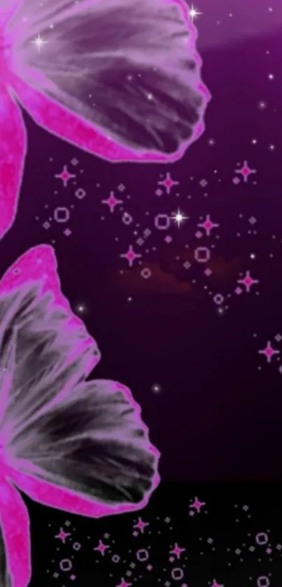 Purple wallpaper with glowing butterflies and stars design.