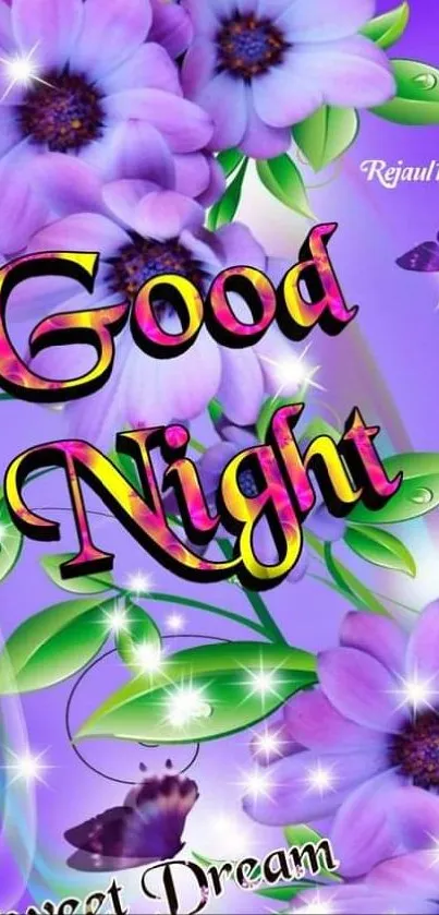 Purple Good Night wallpaper with flowers and butterflies.