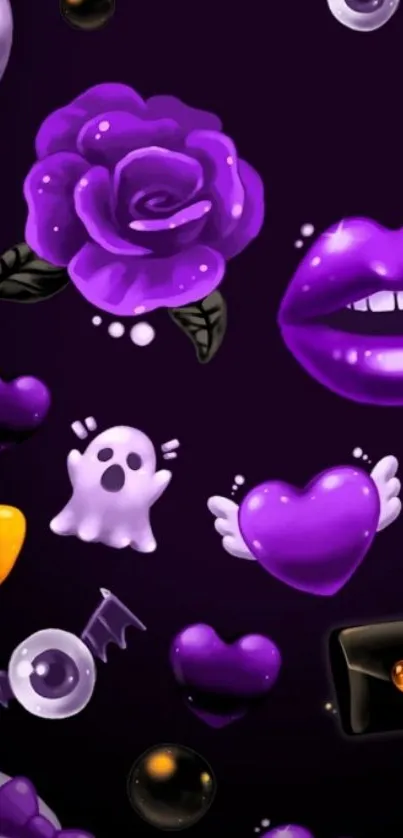 Purple gothic mobile wallpaper with skulls, roses, hearts, and lips.