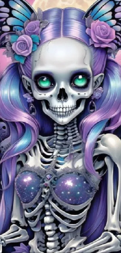 Gothic skeleton with purple hair and butterfly wings.