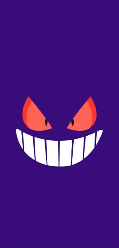 Purple wallpaper with a grinning monster face and fiery red eyes.