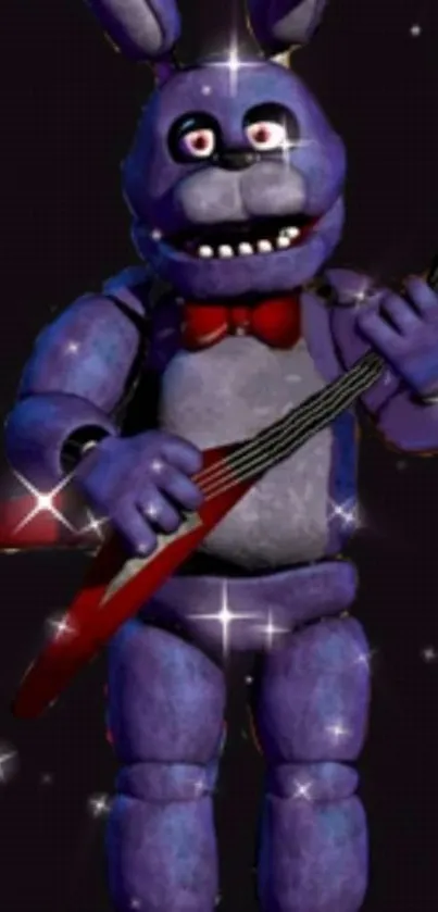 Cartoon bunny playing a red guitar with a purple theme.