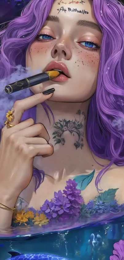 Artistic portrait of woman with purple hair and tattoo.